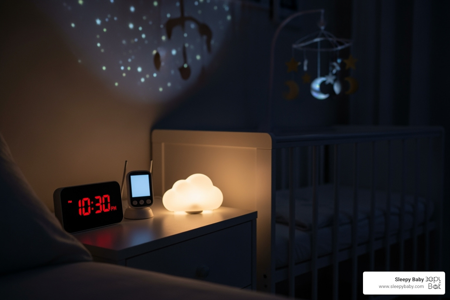 clock showing 10:30 PM next to a baby monitor - 6 month old dream feed clock showing 10:30 PM next to a baby monitor - 6 month old dream feed