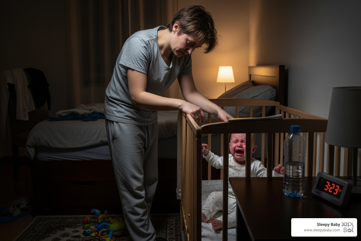 parent looking tiredly at crying baby in crib at night - 6 month old dream feed parent looking tiredly at crying baby in crib at night - 6 month old dream feed