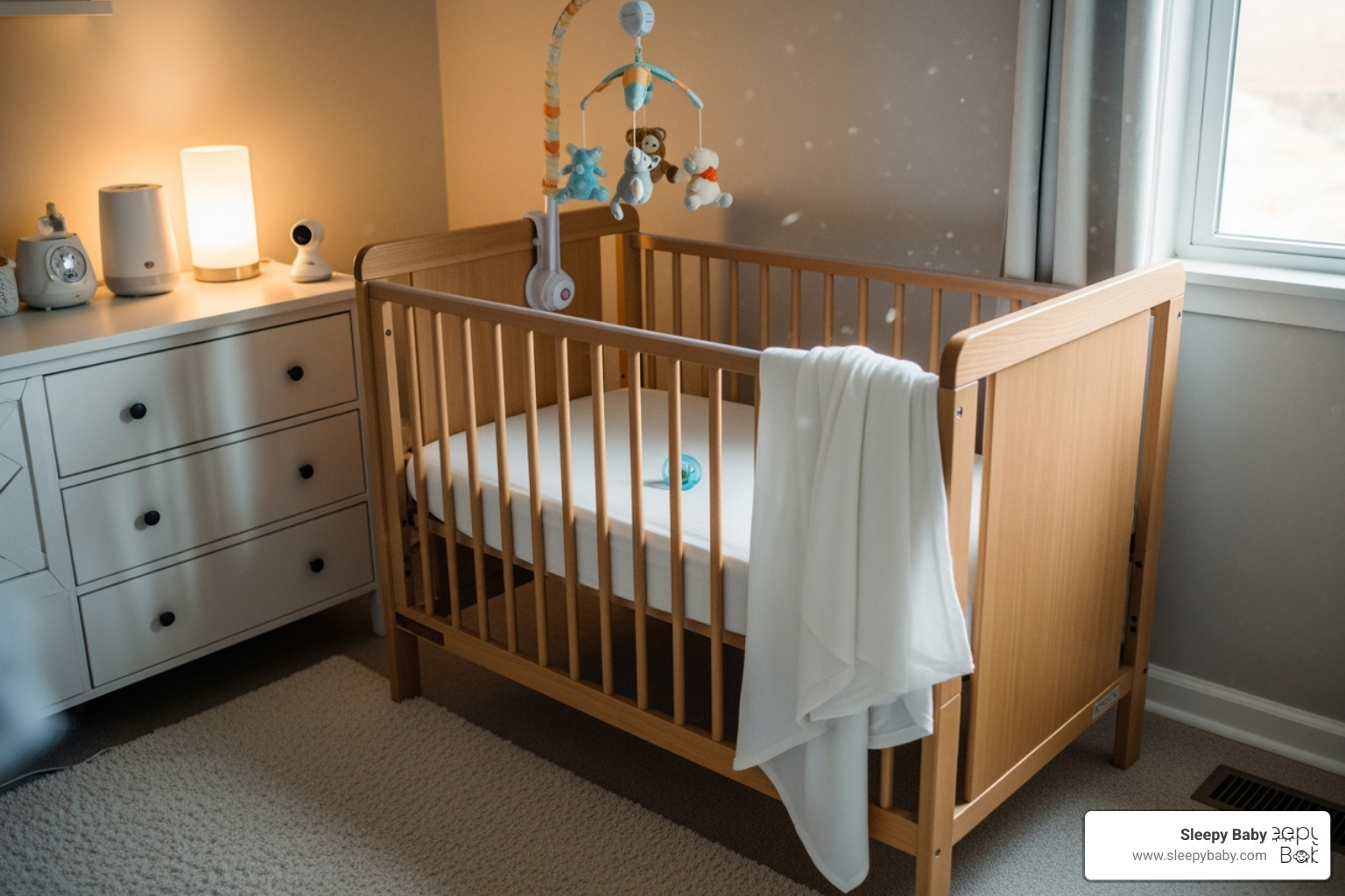 nursery with various sleep aids like a swaddle, white noise machine, and pacifier - what is the best sleep aid for babies