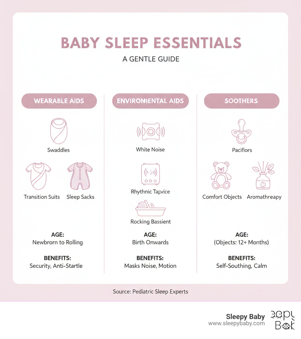 infographic showing three main categories of baby sleep aids: Wearable Aids (swaddles, sleep sacks, transition suits with images), Environmental Aids (white noise machines, rhythmic tapping devices, rocking bassinets with sound wave icons), and Soothers (pacifiers, comfort objects, aromatherapy with calming symbols). Each category lists age appropriateness and primary benefits. - what is the best sleep aid for babies infographic 