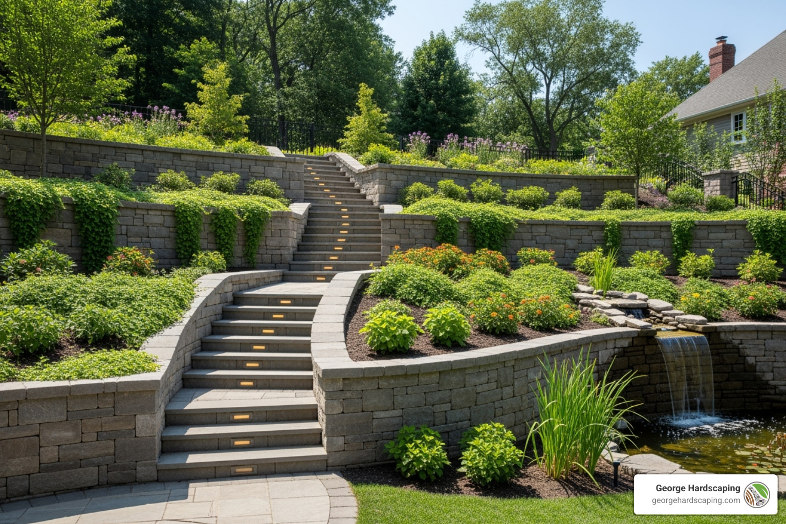 A beautiful, multi-tiered retaining wall with integrated stairs and lush plantings, showcasing a transformed sloped yard by George Hardscaping in Essex County, MA. - how to install a retaining wall on a slope