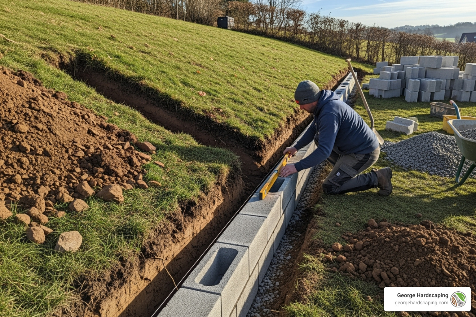 Diagram of stepped-trench method for retaining wall base on a slope, with each step level and blocks buried. - how to install a retaining wall on a slope