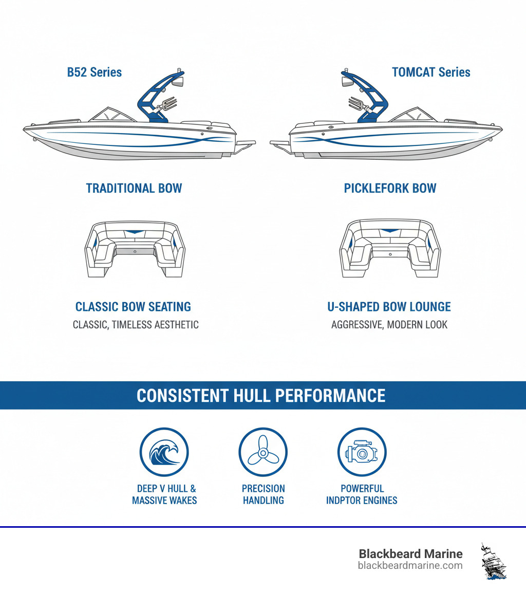 Infographic comparing MB Sports B52 Series traditional bow design versus Tomcat Series picklefork bow design, showing side-by-side boat profiles with labeled bow shapes, bow seating configurations, aesthetic differences (classic versus aggressive modern look), and hull performance characteristics that remain consistent across both series - MB Boats infographic 