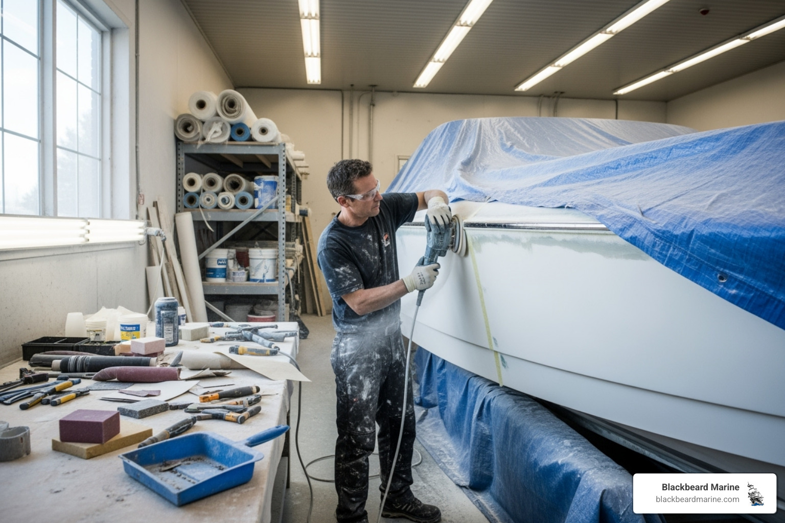 A skilled craftsman meticulously working on the hull of a boat in a well-lit workshop, emphasizing attention to detail and traditional boat-building techniques - MB Boats