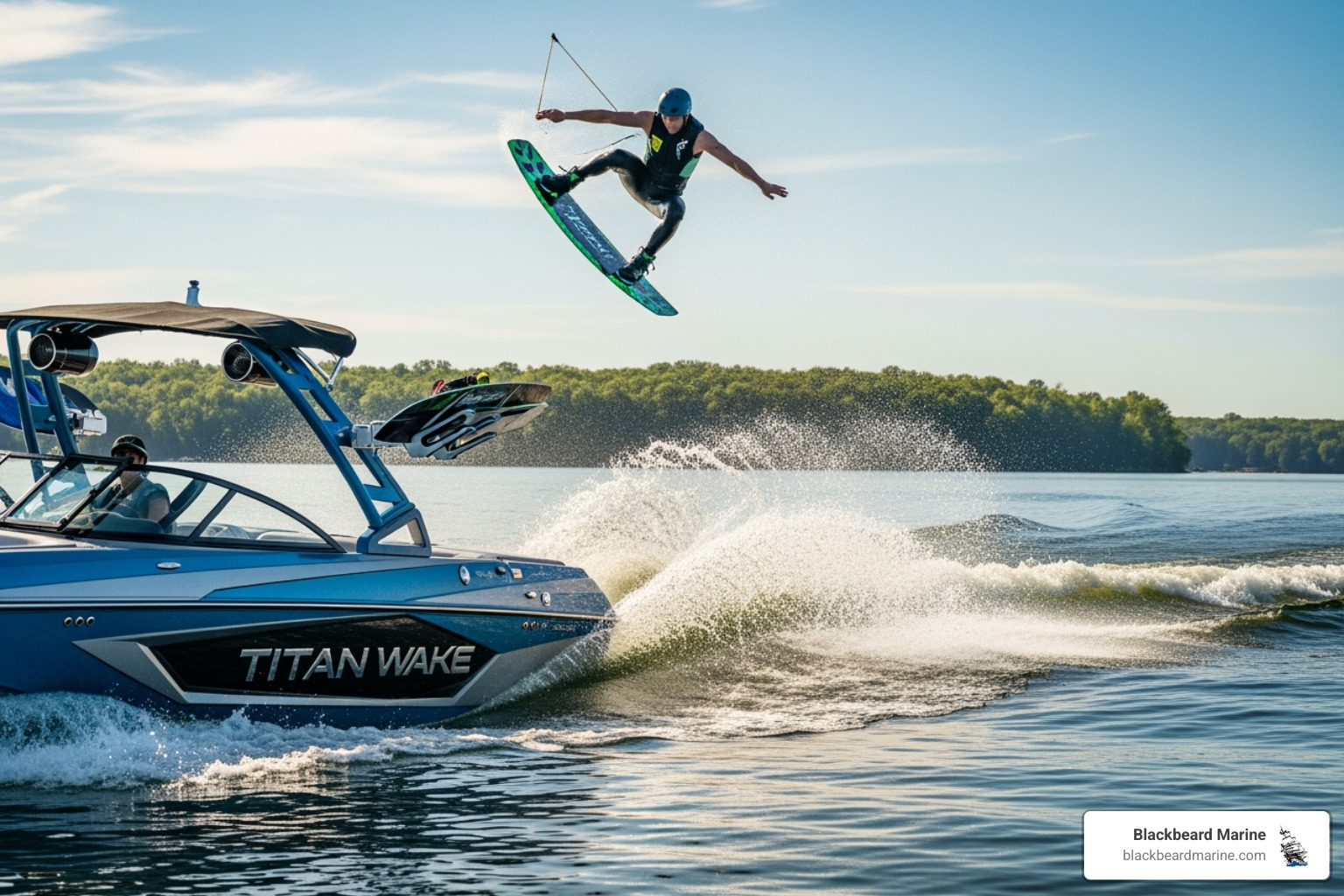 A high-performance wake boat with a powerful wake, a wakeboarder in mid-air performing a trick - MB Boats