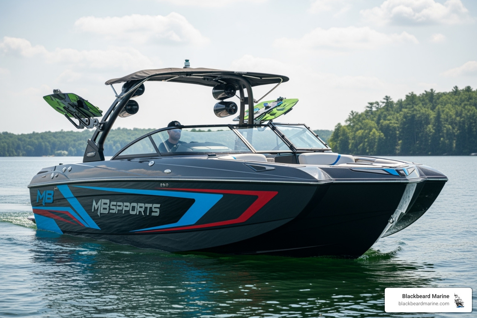 An MB Sports Tomcat series boat showcasing its distinctive picklefork bow, gracefully gliding on the water with a modern and aggressive aesthetic - MB Boats