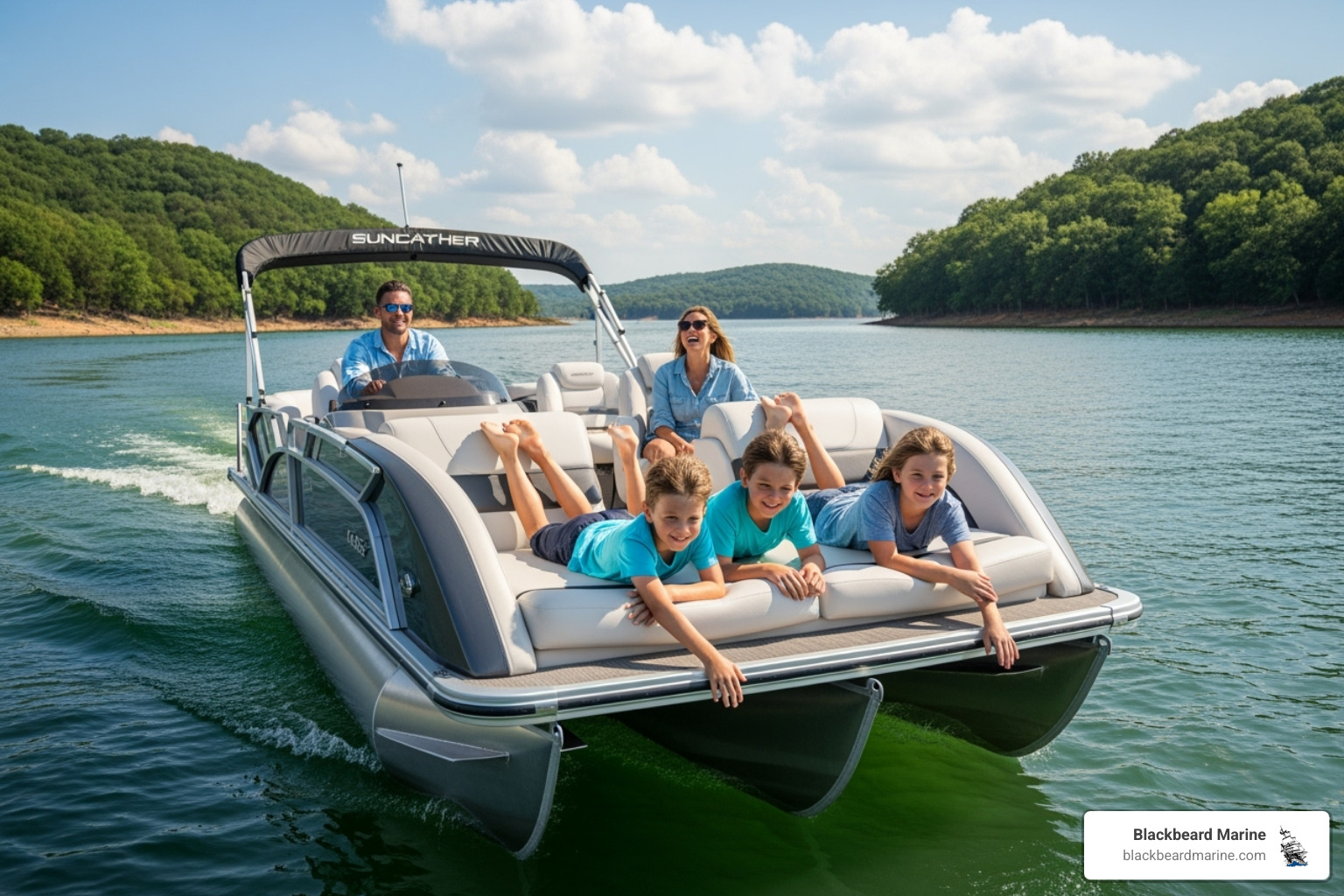 A family enjoying a day out on a Suncatcher pontoon boat, smiling and relaxing on Lake Texoma with scenic trees in the background - MB Boats