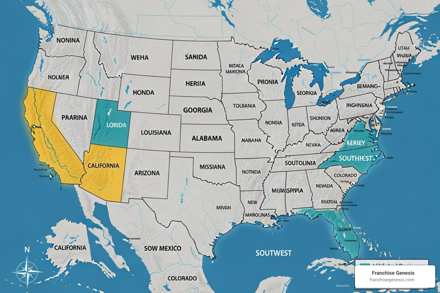 map of the United States highlighting the Southeast and Southwest regions - franchise industry insights