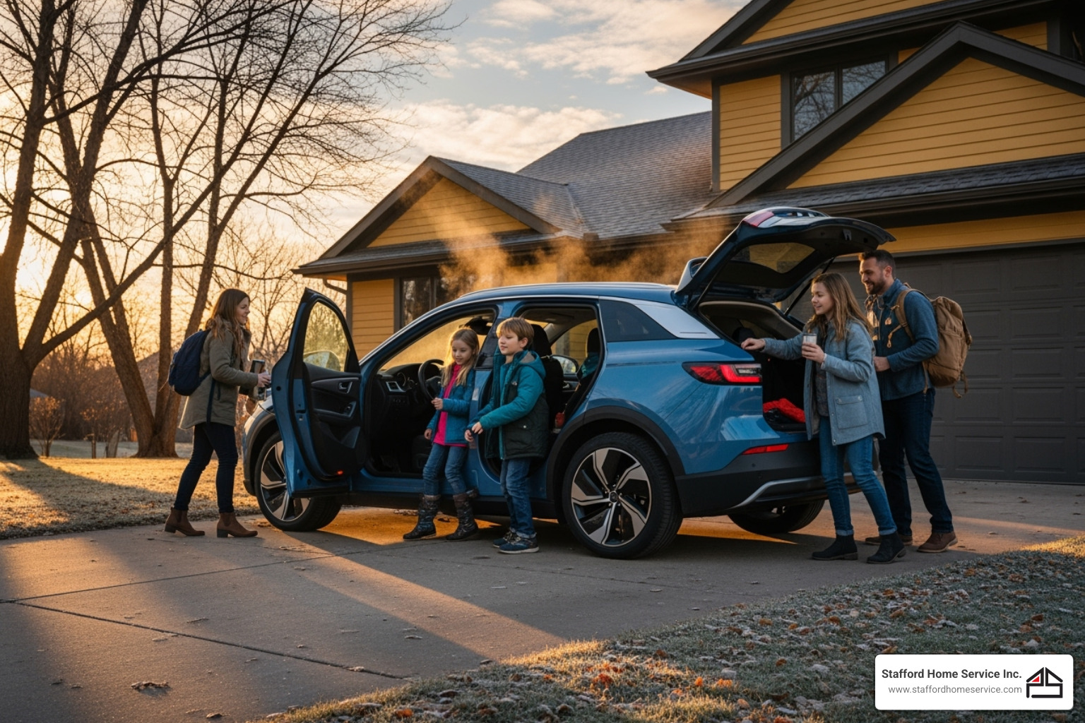 a family getting into their fully charged ev on a crisp minnesota morning - ev charger installation minnetonka, mn