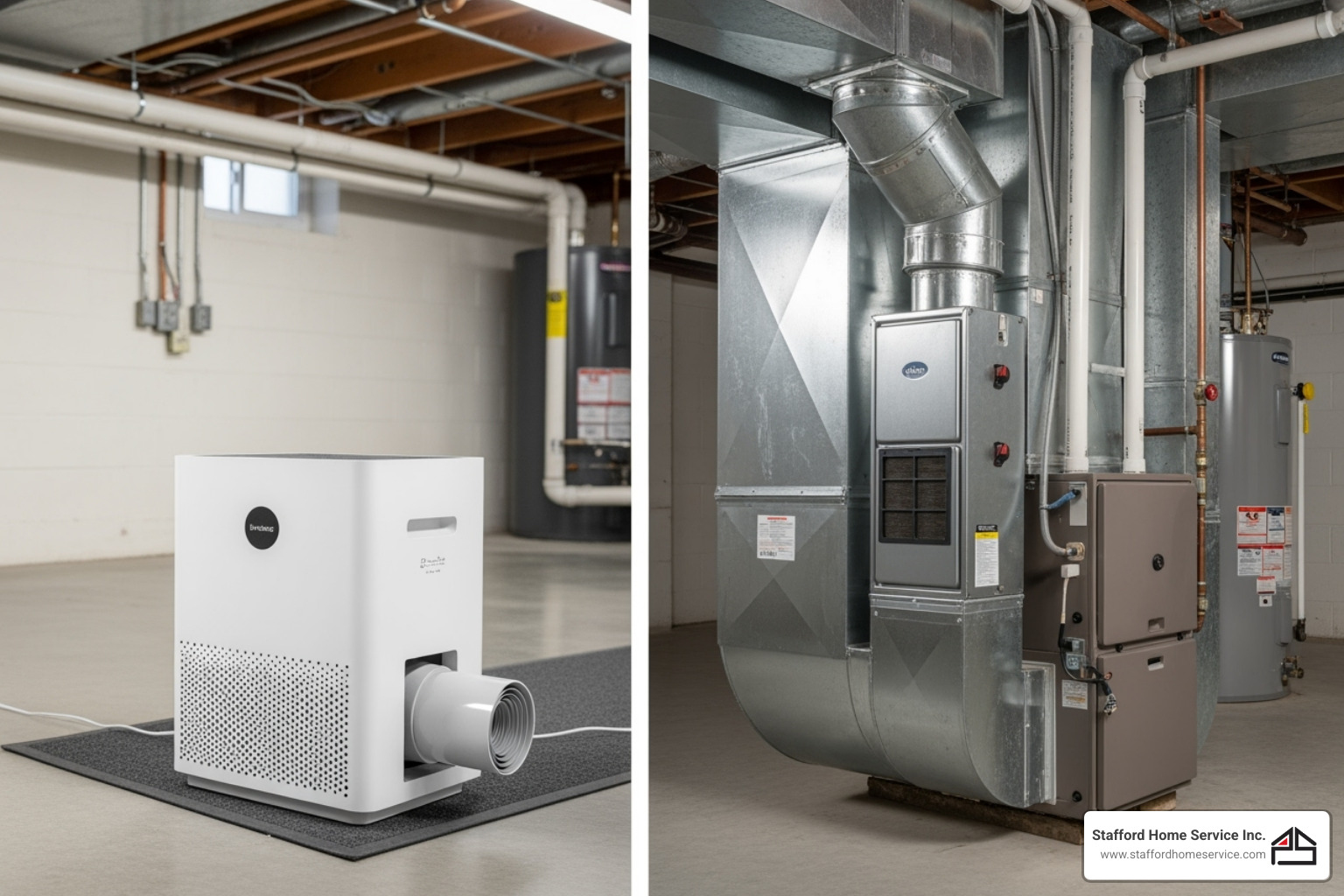 comparing a sleek portable air purifier next to an integrated whole-home air cleaner unit on an hvac system - air purifier installation andover, mn