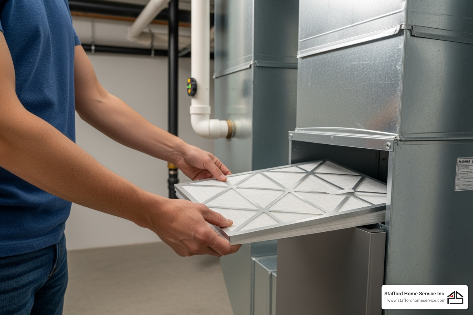 homeowner easily replacing a slide-out filter in a whole-home air purifier - air purifier installation andover, mn