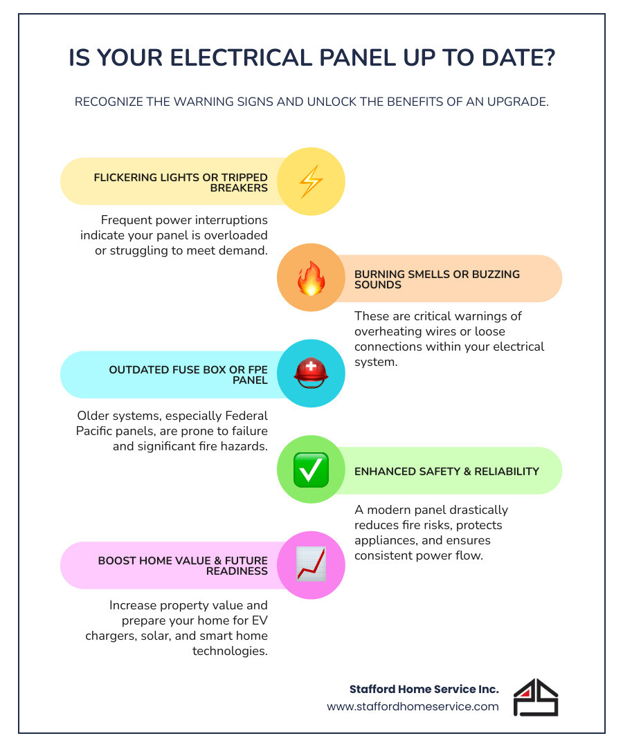 infographic showing warning signs that indicate need for electrical panel upgrade including flickering lights, frequently tripped breakers, buzzing sounds, burning smells, outdated fuse boxes or federal pacific panels, and over-reliance on extension cords, plus benefits of upgrading such as improved safety, support for modern appliances, increased home value, and future readiness for evs and solar - electrical panel upgrade maple grove, mn infographic infographic-line-5-steps-colors infographic showing warning signs that indicate need for electrical panel upgrade including flickering lights, frequently tripped breakers, buzzing sounds, burning smells, outdated fuse boxes or federal pacific panels, and over-reliance on extension cords, plus benefits of upgrading such as improved safety, support for modern appliances, increased home value, and future readiness for evs and solar - electrical panel upgrade maple grove, mn infographic infographic-line-5-steps-colors