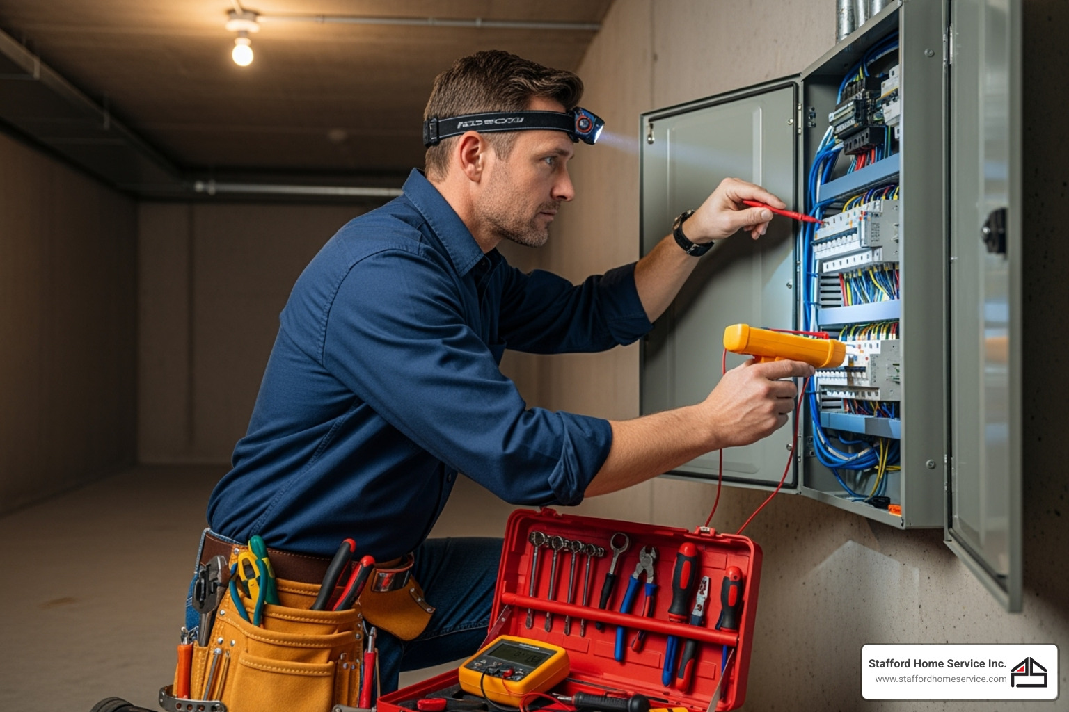 electrician assessing electrical panel - tesla wall connector installer north oaks, mn