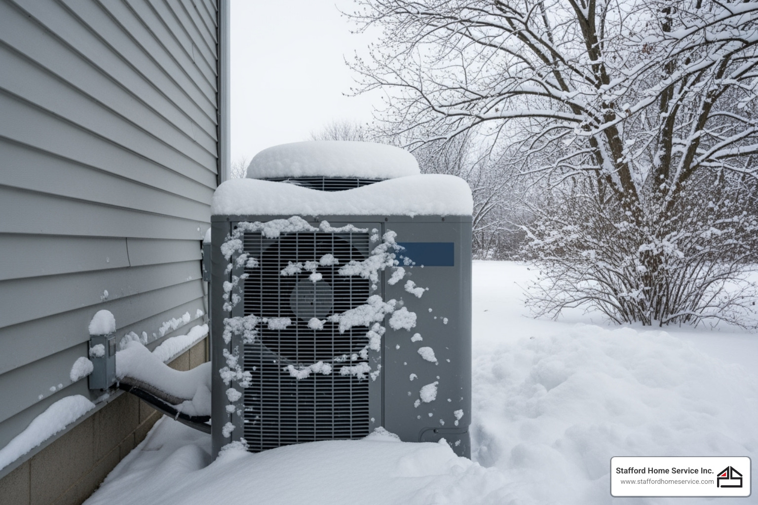 home's outdoor heat pump unit during a snowy Minnesota winter - heat pump repair plymouth, mn