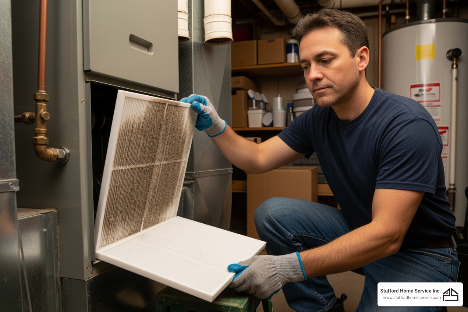 A homeowner is shown carefully replacing a dirty air filter in their HVAC system, illustrating a simple yet effective preventative maintenance task. - ac repair coon rapids, mn