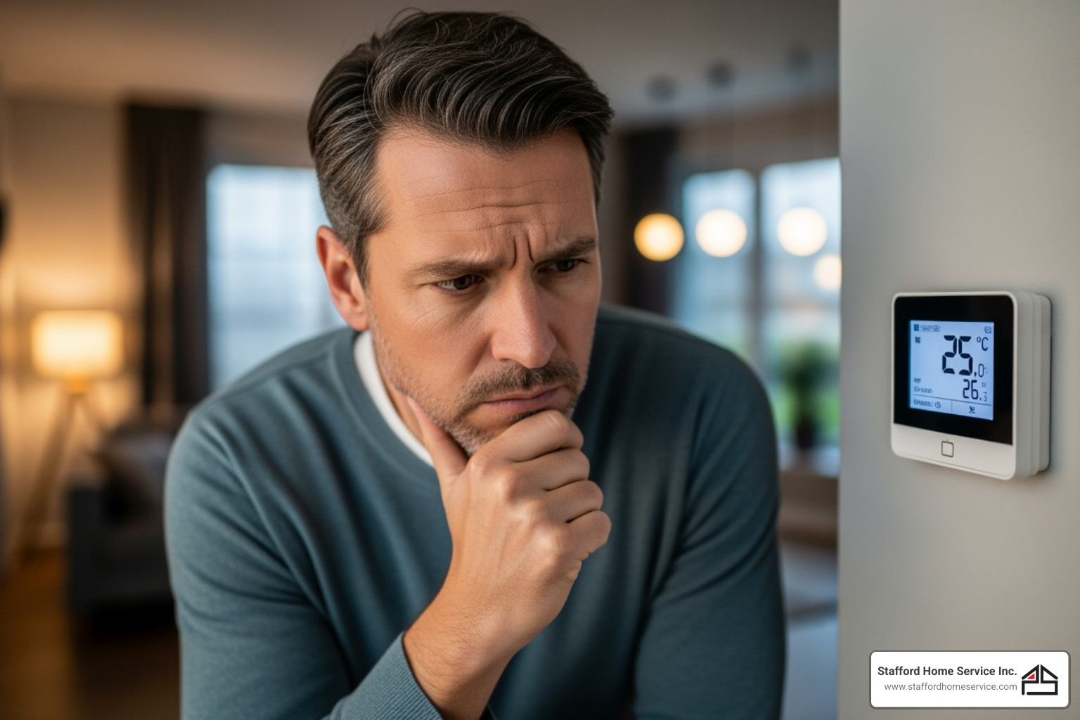 concerned homeowner looking at thermostat - hvac maintenance brooklyn center, mn