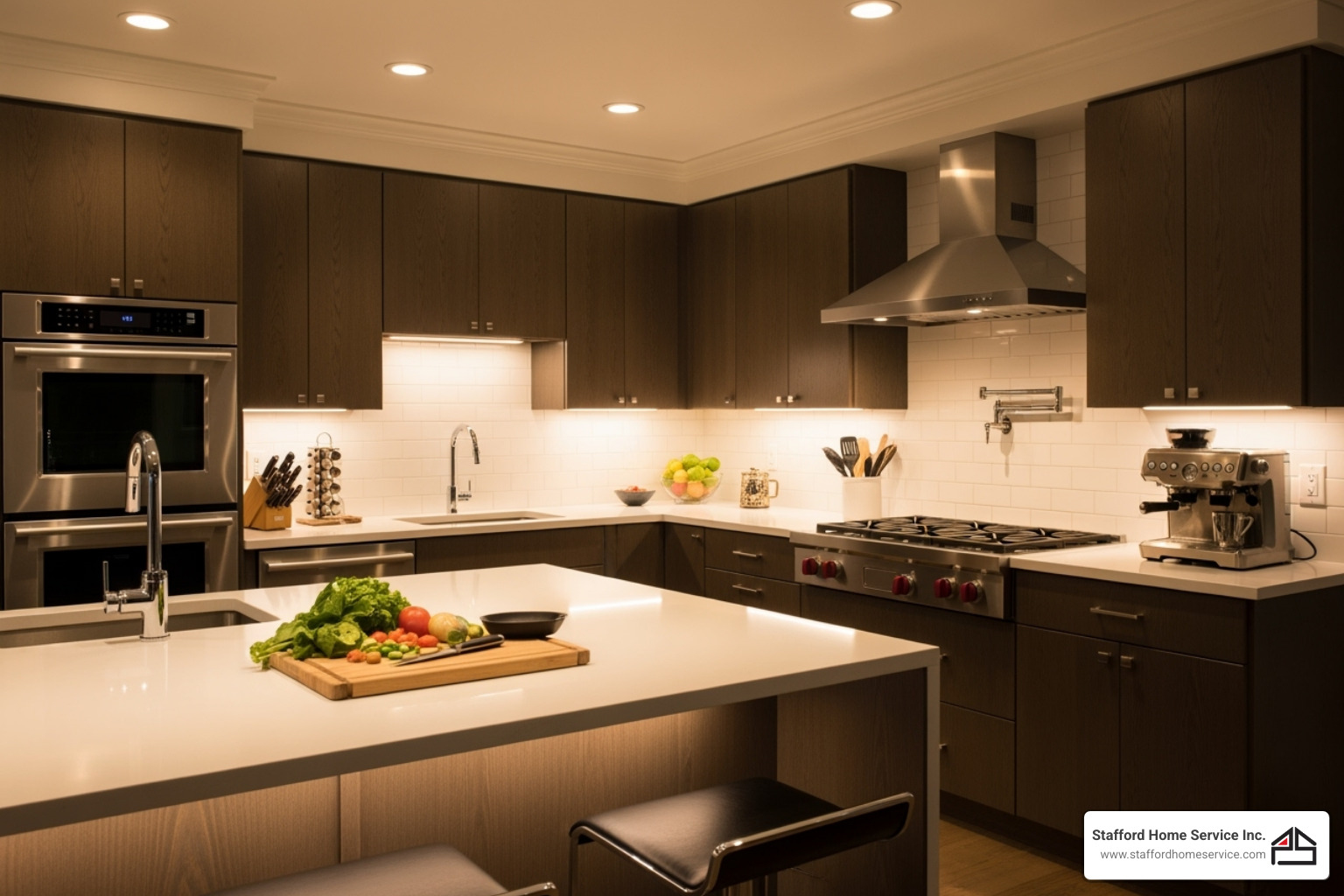 beautifully lit kitchen with recessed task lighting over the counters - recessed lighting electrician woodbury, mn