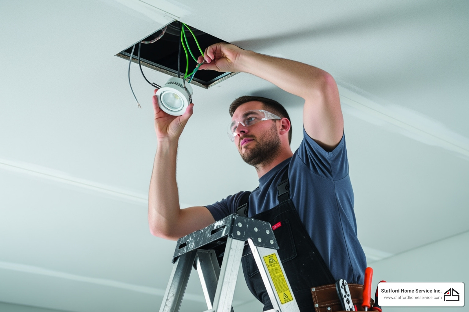 professional electrician safely installing a recessed light fixture - recessed lighting electrician woodbury, mn