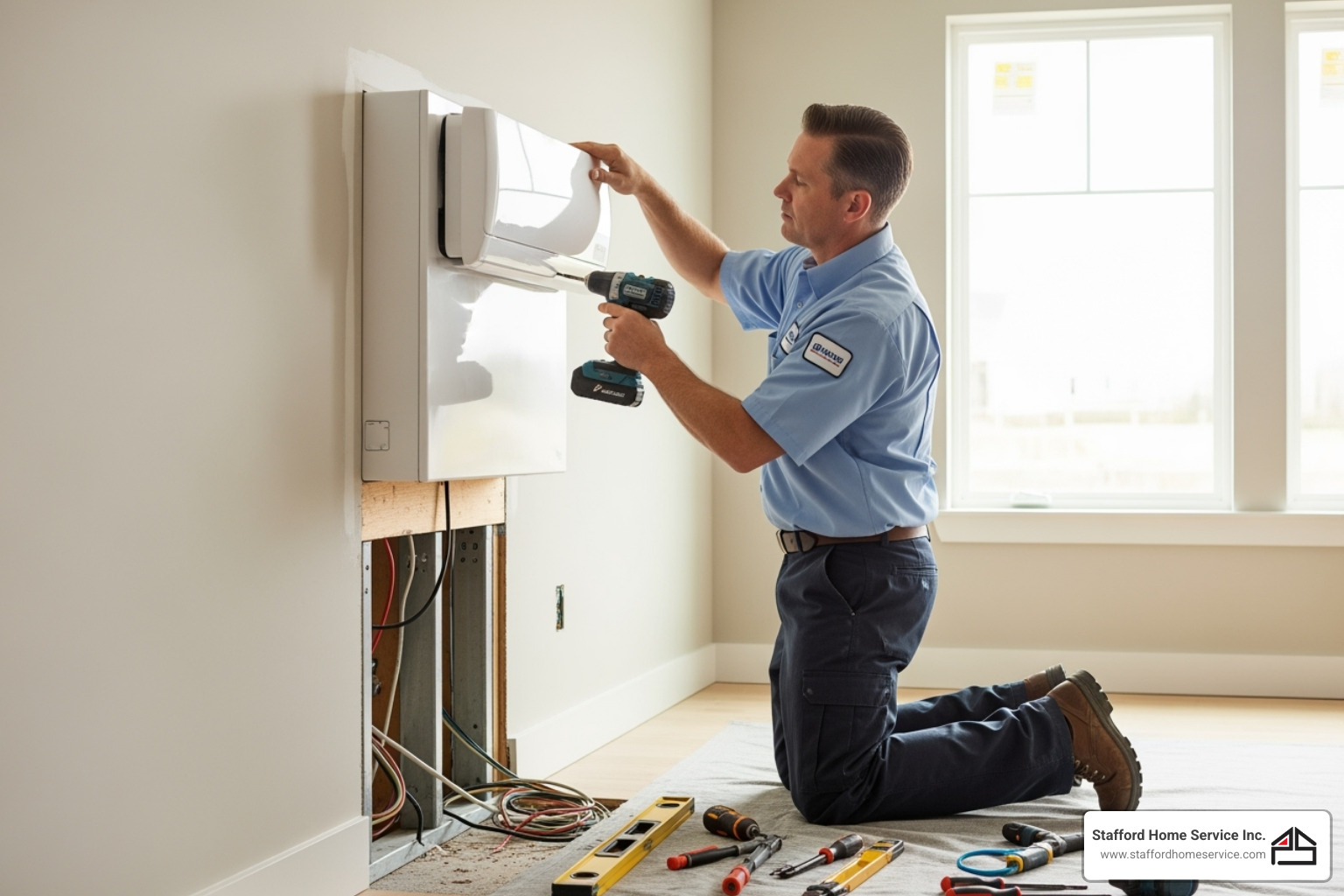 a technician carefully installing an indoor air handler unit - ac installation bloomington, mn