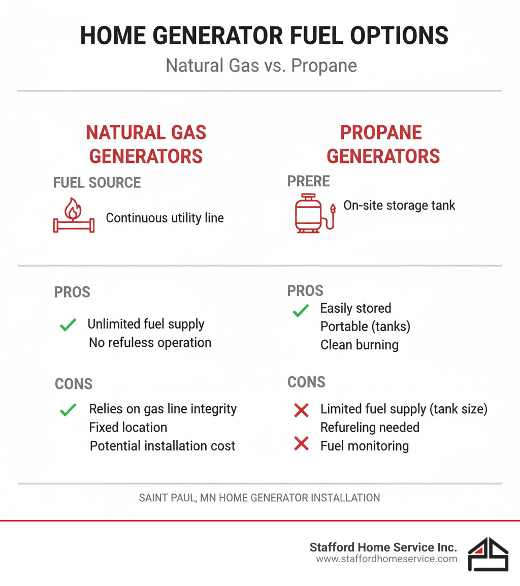 A table comparing Natural Gas and Propane Generators with Pros, Cons, and Fuel Source - home generator installation saint paul, mn infographic 