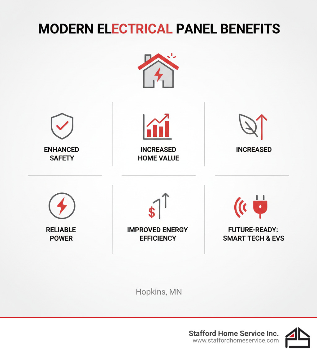 Infographic showing benefits of a modern electrical panel: enhanced safety, increased home value, improved energy efficiency, reliable power, future-ready for smart tech and EVs - electrical panel upgrade hopkins, mn infographic 
