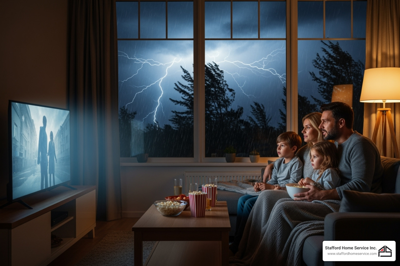 A family enjoying a movie night indoors while a storm is visible outside the window - home generator installation saint paul, mn