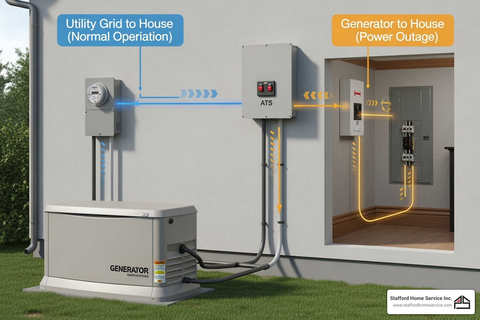 A diagram showing a generator, transfer switch, and home electrical panel connection - home generator installation saint paul, mn