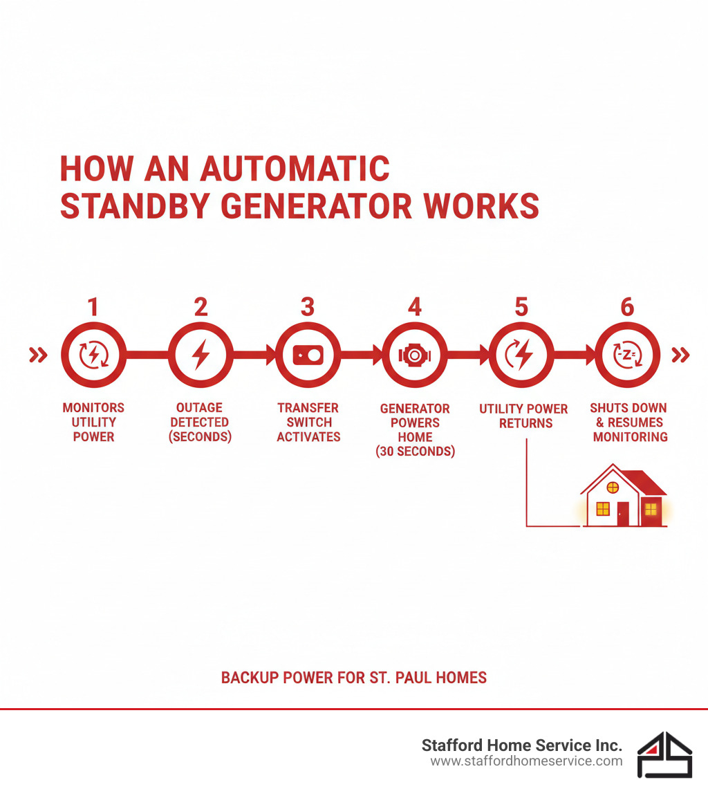 Infographic showing how an automatic standby generator works: 1) Generator monitors utility power continuously, 2) Power outage detected within seconds, 3) Automatic transfer switch activates, 4) Generator engine starts and powers home within 30 seconds, 5) When utility power returns, system transfers back automatically, 6) Generator shuts down and resumes monitoring - home generator installation saint paul, mn infographic 