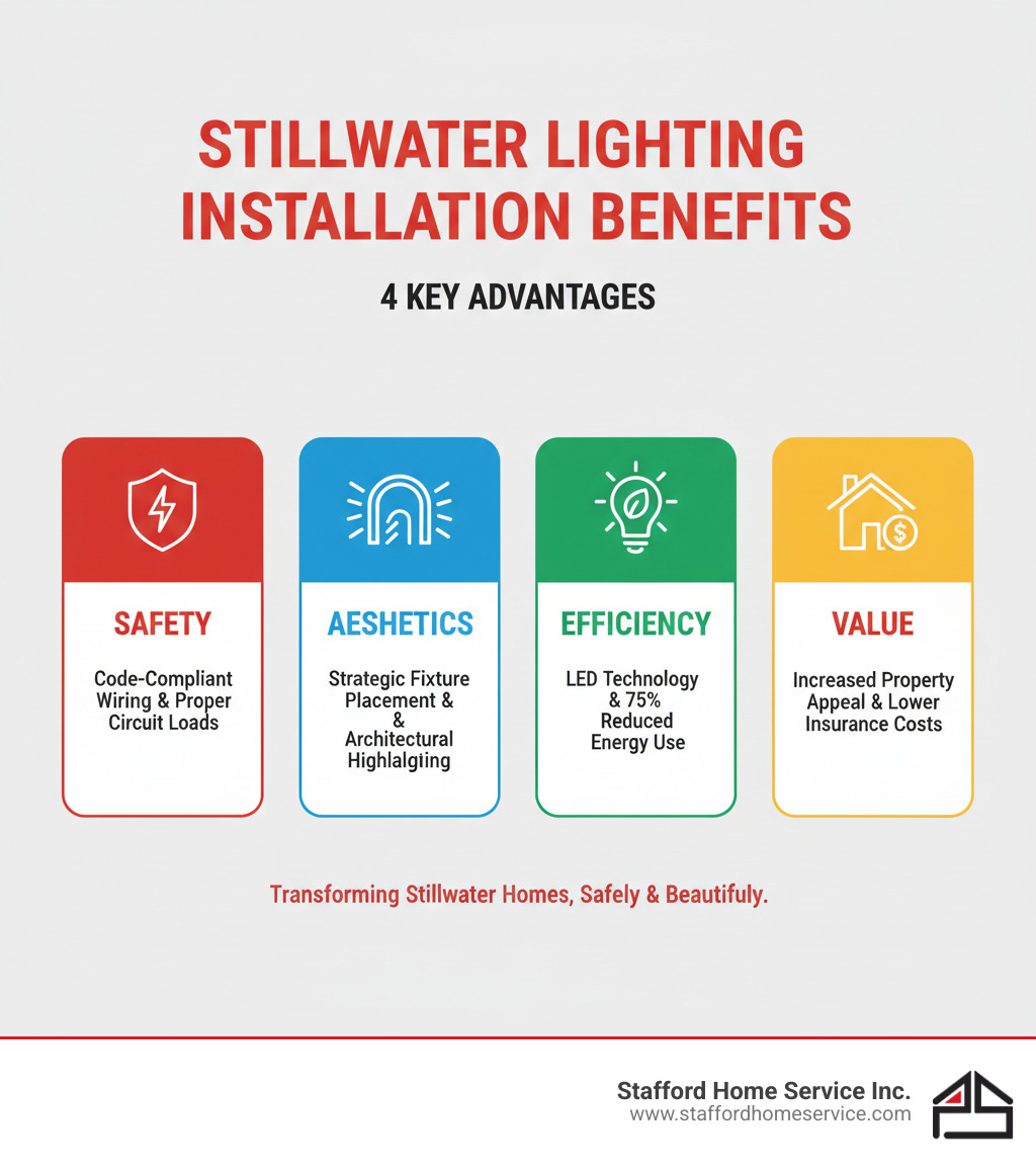 infographic showing four key benefits of professional lighting installation in stillwater: safety through code-compliant wiring and proper circuit loads; aesthetics with strategic fixture placement and architectural highlighting; efficiency via led technology reducing energy use by 75%; and value through increased property appeal and lower insurance costs with security lighting - lighting installation stillwater, mn infographic 