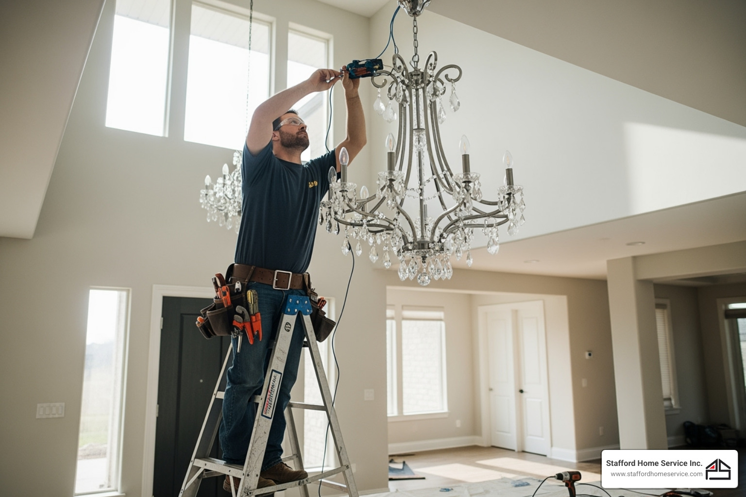 an electrician carefully installing a complex chandelier - lighting installation stillwater, mn