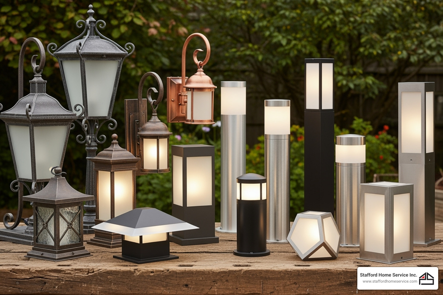 various outdoor lighting fixtures, some with a classic look and others modern - lighting installation stillwater, mn