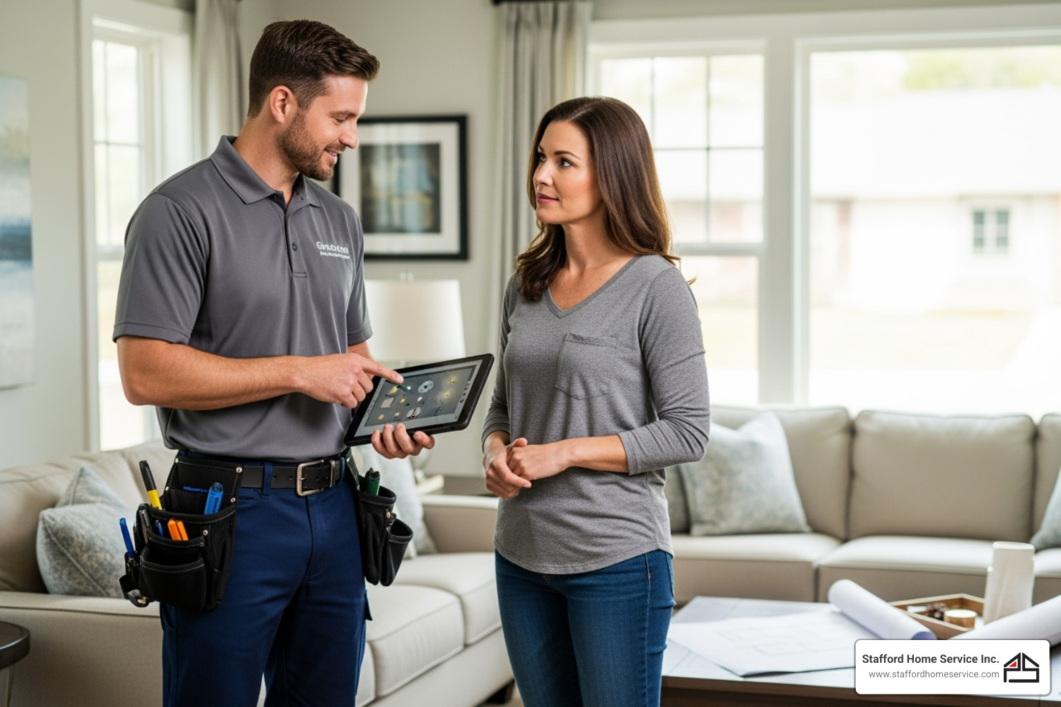 a professional electrician discussing a lighting plan with a homeowner - lighting installation stillwater, mn