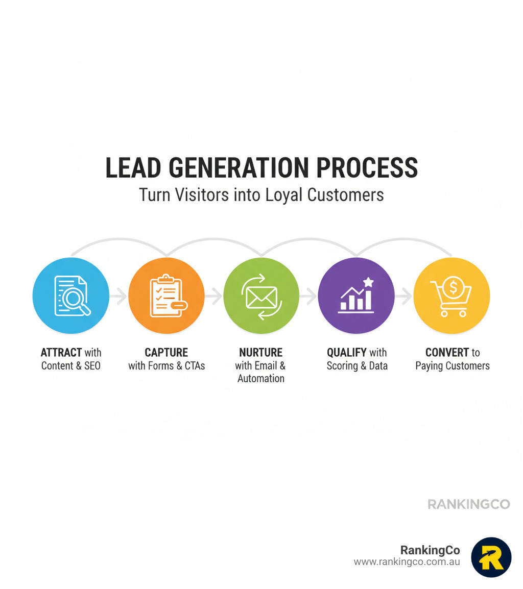 Infographic showing the lead generation process: attract visitors with content and SEO, capture information with forms and CTAs, nurture leads with email and automation, qualify leads with scoring and data, convert leads into paying customers - Effective lead generation techniques infographic 