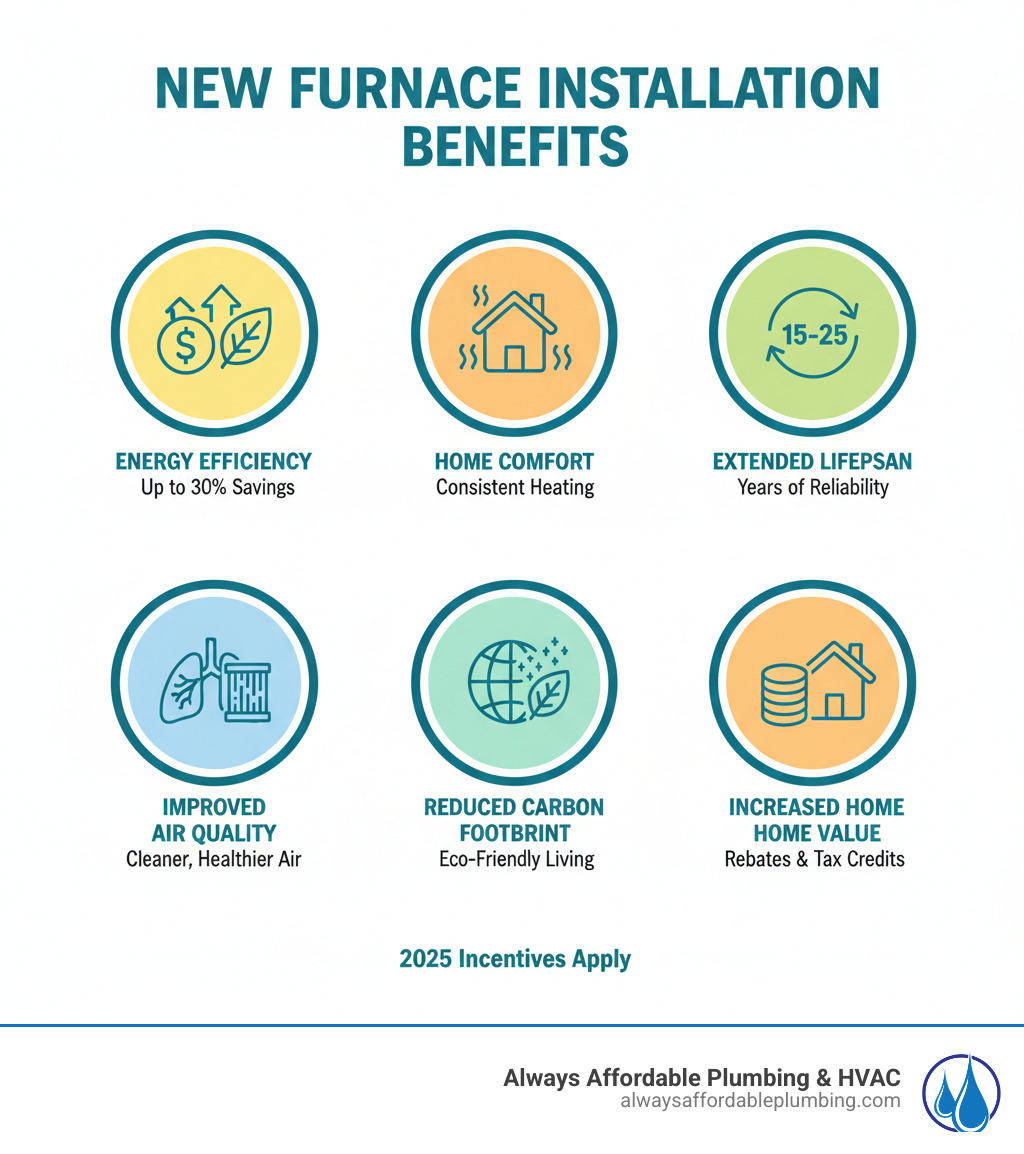 Infographic showing the key benefits of new furnace installation including improved energy efficiency (up to 30% savings), enhanced home comfort with consistent heating, extended 15-25 year lifespan, improved indoor air quality, reduced carbon footprint, available rebates and tax credits, and increased home value - furnace installation sacramento ca infographic 