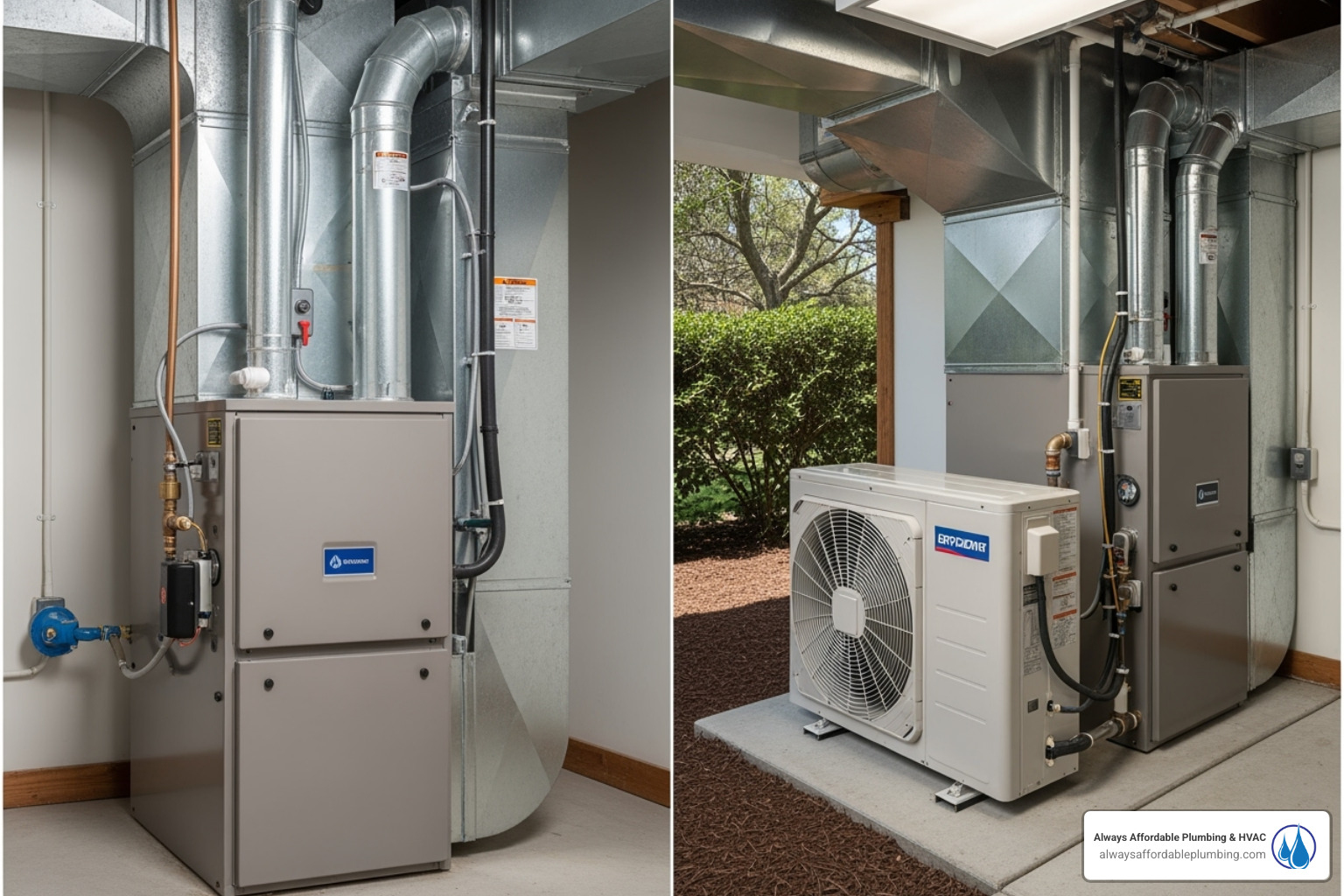 A split image showing a modern gas furnace on one side and an efficient electric heat pump on the other, both looking clean and professionally installed. - furnace installation sacramento ca