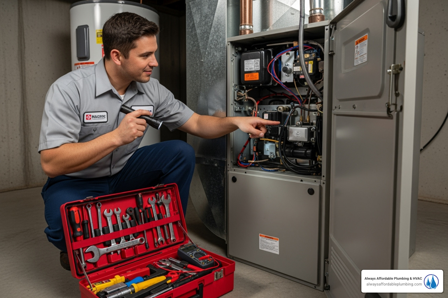 A friendly HVAC technician with a toolkit is meticulously inspecting the internal components of a residential furnace, demonstrating routine maintenance. - furnace installation sacramento ca