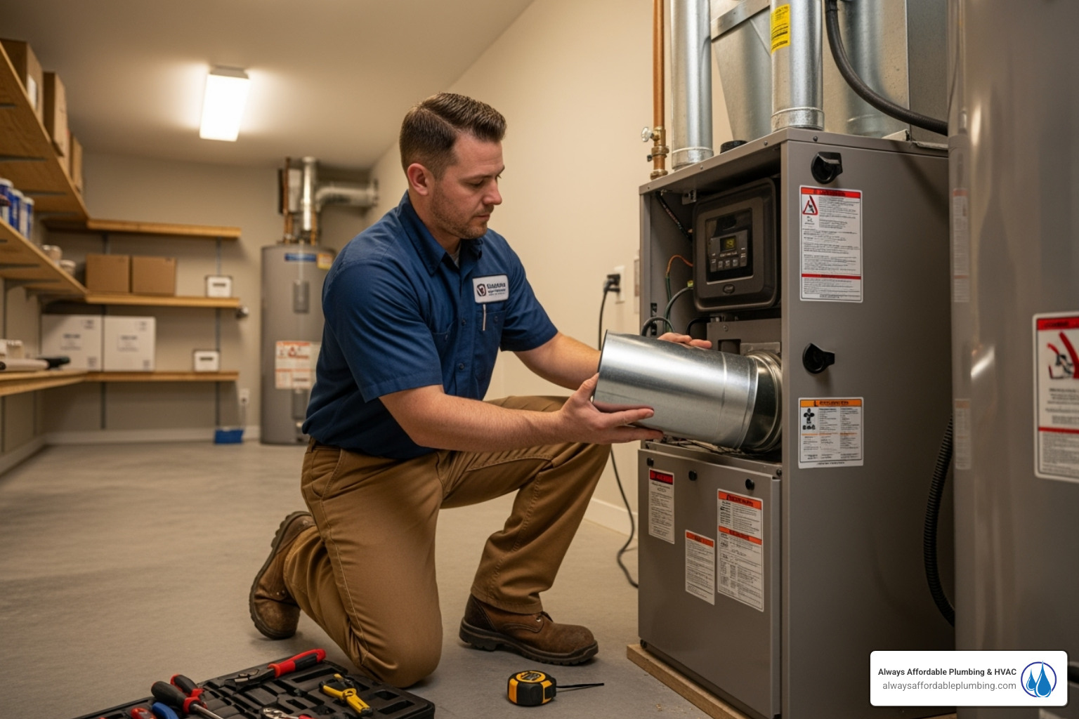 A certified HVAC technician carefully connecting ductwork to a new, shiny furnace unit in a clean, organized utility room. - furnace installation sacramento ca