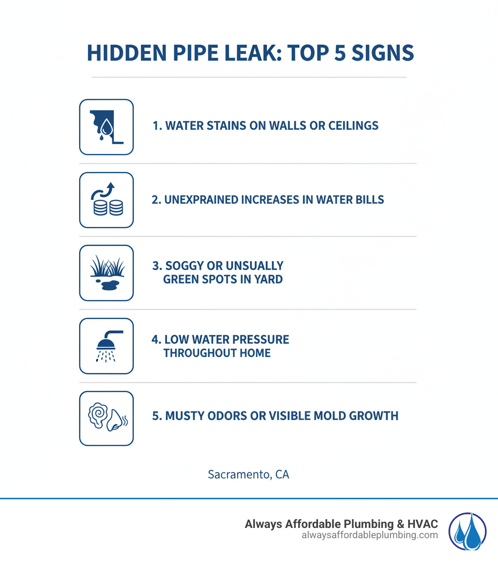 Infographic showing the top 5 signs of a hidden pipe leak: 1) Water stains on walls or ceilings, 2) Unexplained increases in water bills, 3) Soggy or unusually green spots in the yard, 4) Low water pressure throughout the home, 5) Musty odors or visible mold growth - pipe repair sacramento ca infographic 