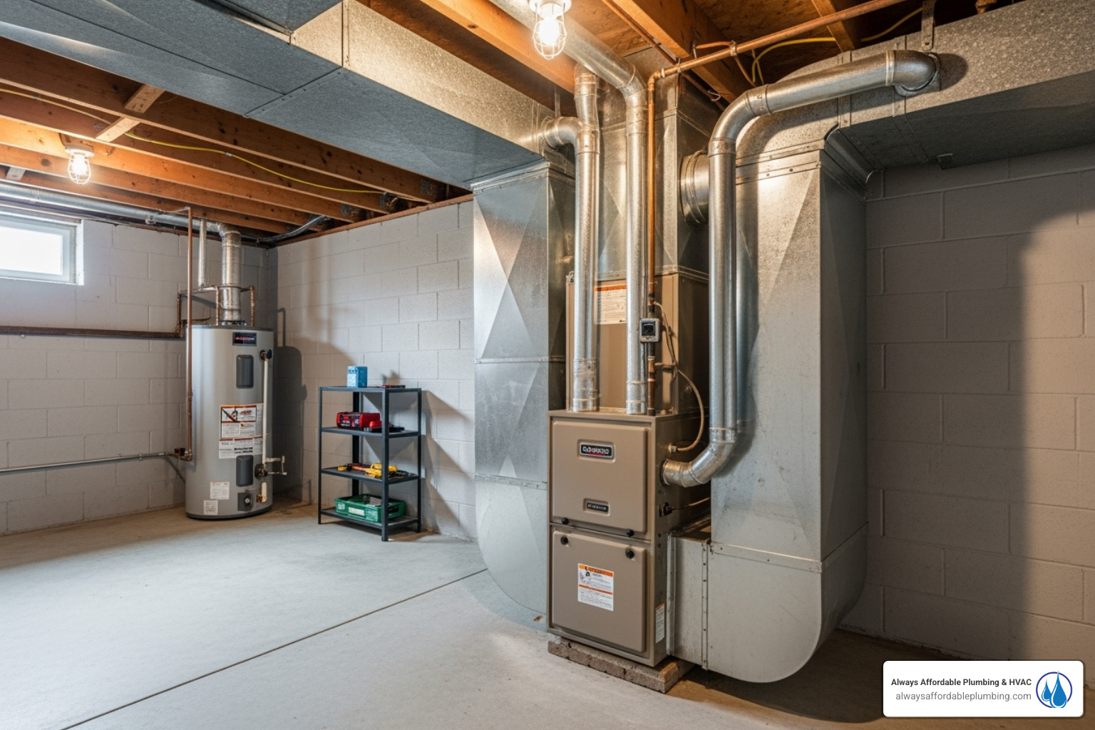 A clean, well-maintained furnace unit in a basement - gas furnace repair roseville ca