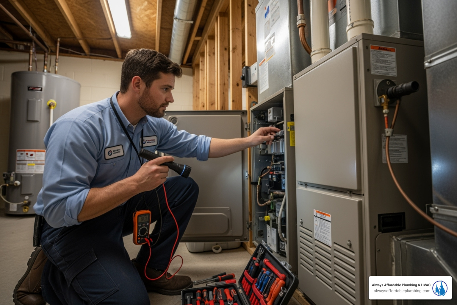 technician servicing an indoor furnace unit - annual hvac service roseville ca