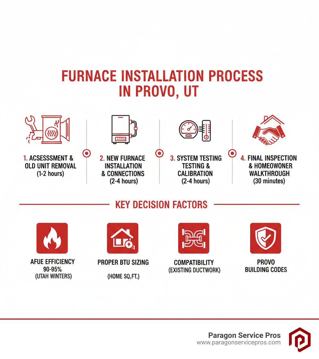 Infographic showing the furnace installation process in Provo UT: Assessment and old unit removal (1-2 hours), new furnace installation and connections (2-4 hours), system testing and calibration (1-2 hours), final inspection and homeowner walkthrough (30 minutes). Includes key decision factors: AFUE efficiency rating of 90-95% for Utah winters, proper BTU sizing for home square footage, compatibility with existing ductwork, and compliance with Provo building codes. - furnace installation provo, ut infographic 