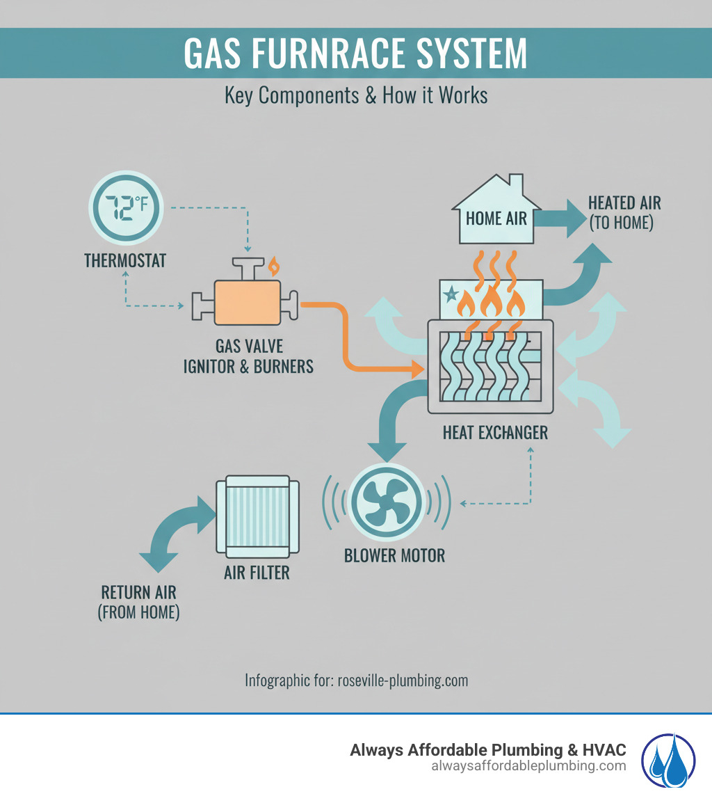 Infographic showing the key components of a gas furnace system including the thermostat, gas valve, ignitor, burners, heat exchanger, blower motor, and air filter with arrows indicating airflow and combustion process - gas furnace repair roseville ca infographic 