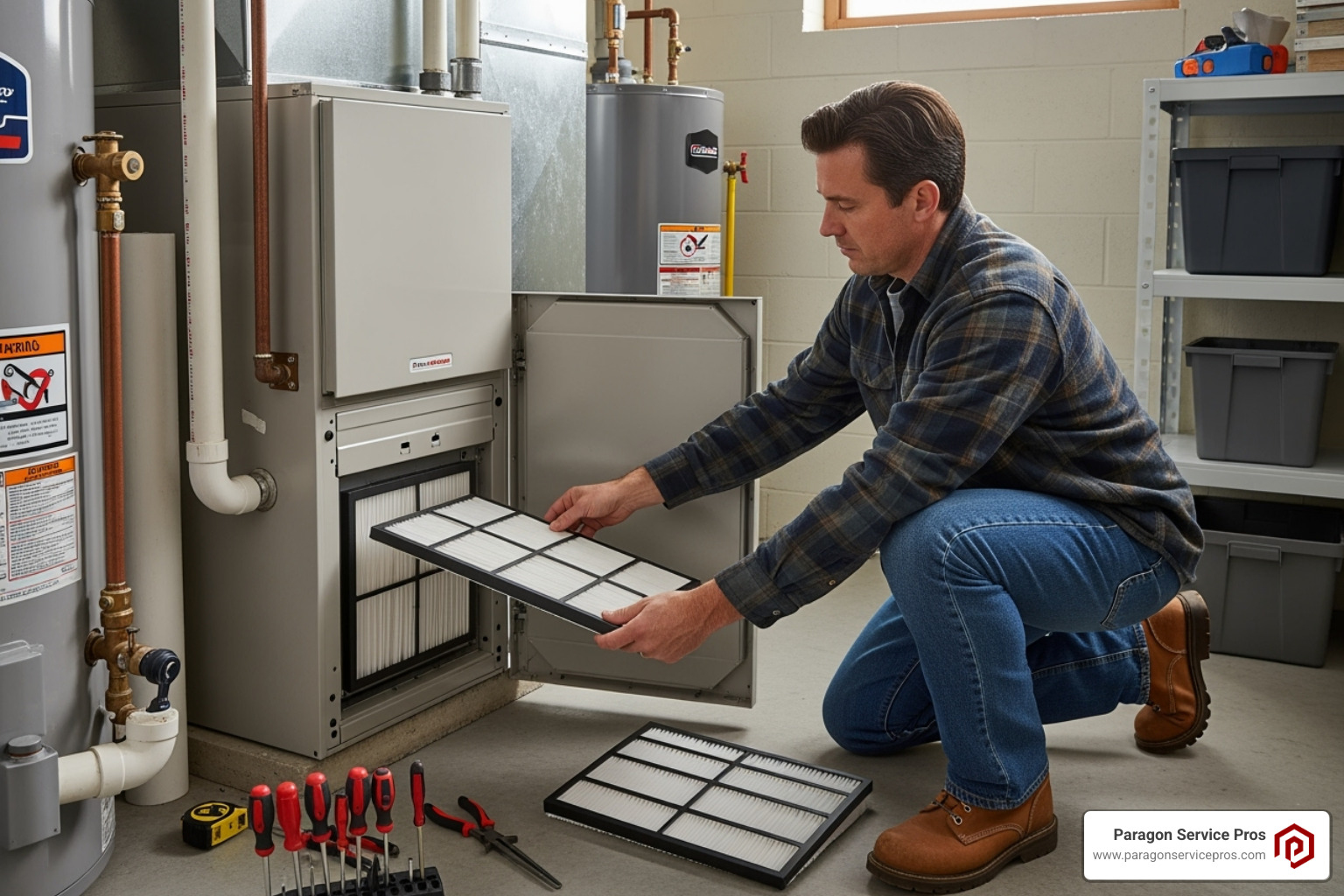 A homeowner demonstrates changing a furnace filter - furnace repair american fork, ut