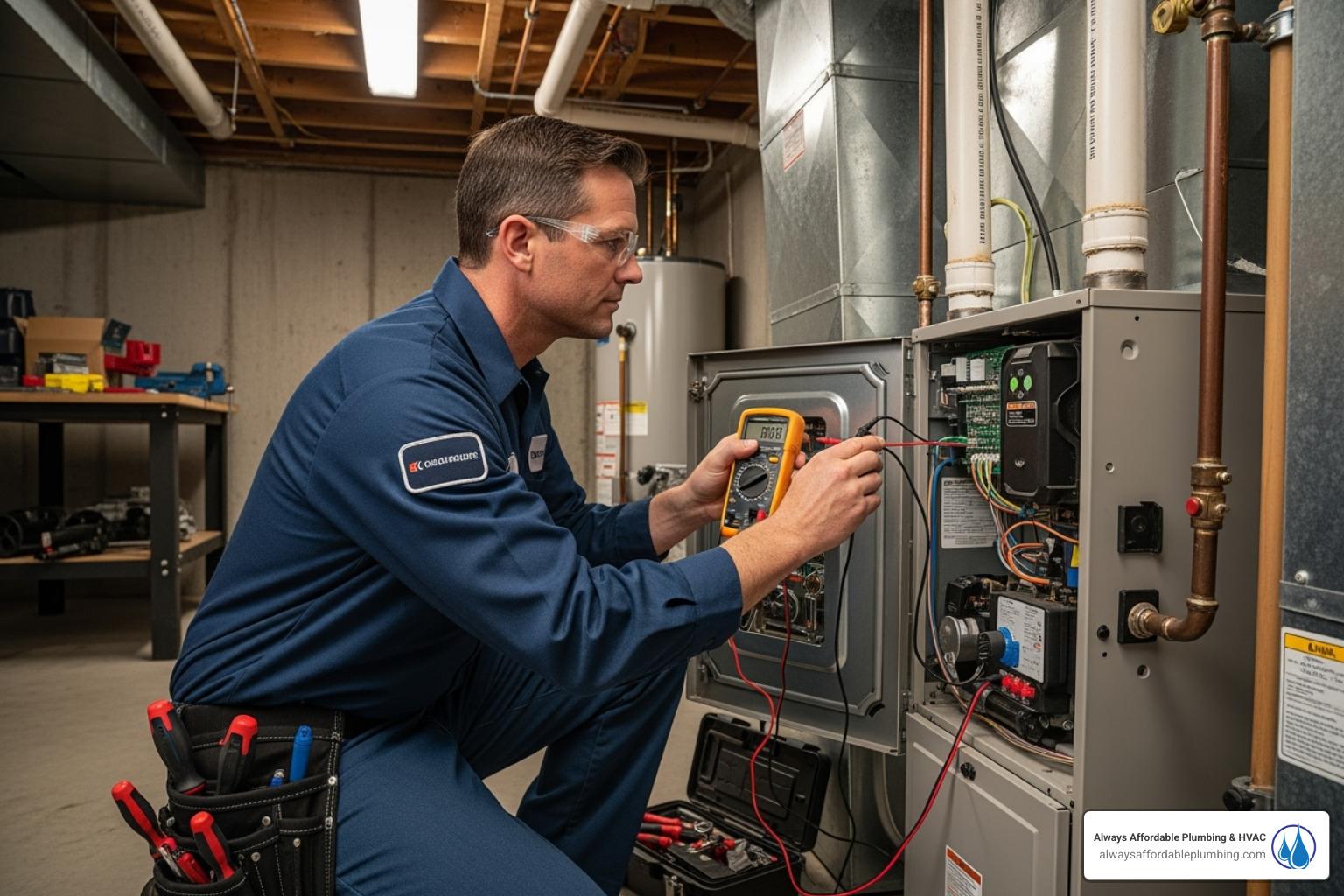 Technician servicing an indoor furnace unit - hvac maintenance sacramento ca Technician servicing an indoor furnace unit - hvac maintenance sacramento ca