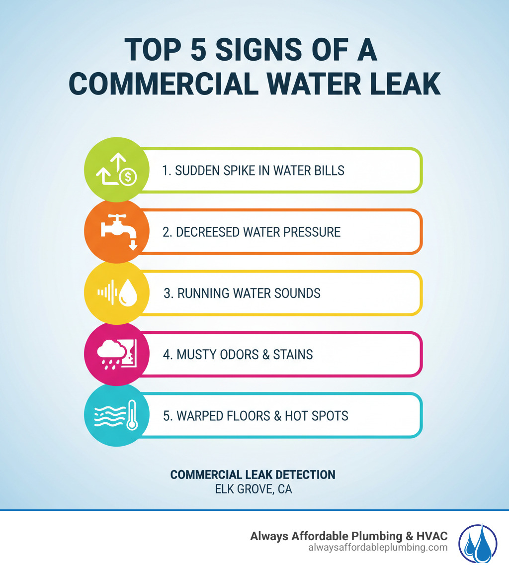 Infographic showing the top 5 signs of a commercial water leak: 1. Sudden spike in water bills without increased usage, 2. Unexplained decrease in water pressure throughout the building, 3. Sounds of running water when all fixtures are off, 4. Musty odors or visible water stains on walls and ceilings, 5. Warped flooring or hot spots on concrete floors - commercial leak detection elk grove ca infographic 