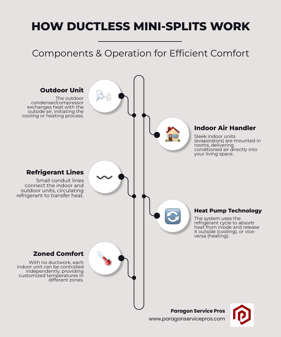 infographic showing outdoor condenser unit connected to indoor air handler via refrigerant lines, with arrows indicating cooling cycle in summer and heating cycle in winter, plus benefits callouts for energy efficiency, zoned comfort, and no ductwork required - ductless mini split installation mesa, az infographic infographic-line-5-steps-elegant_beige infographic showing outdoor condenser unit connected to indoor air handler via refrigerant lines, with arrows indicating cooling cycle in summer and heating cycle in winter, plus benefits callouts for energy efficiency, zoned comfort, and no ductwork required - ductless mini split installation mesa, az infographic infographic-line-5-steps-elegant_beige