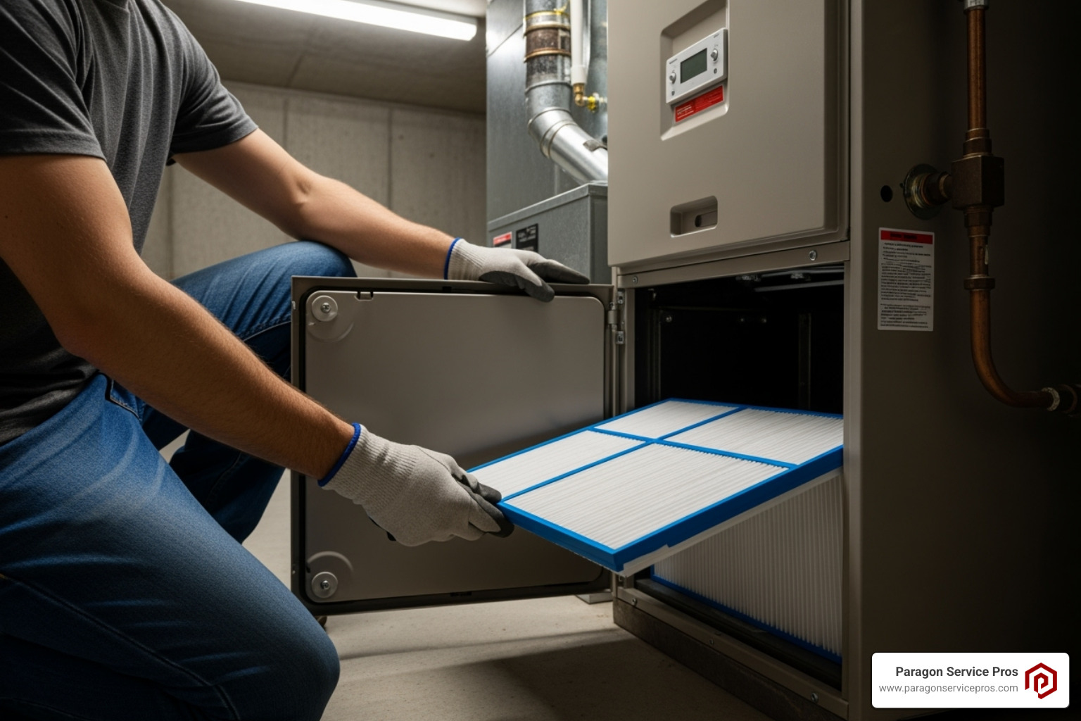 A person changing a clean air filter in their furnace - furnace repair gilbert, az