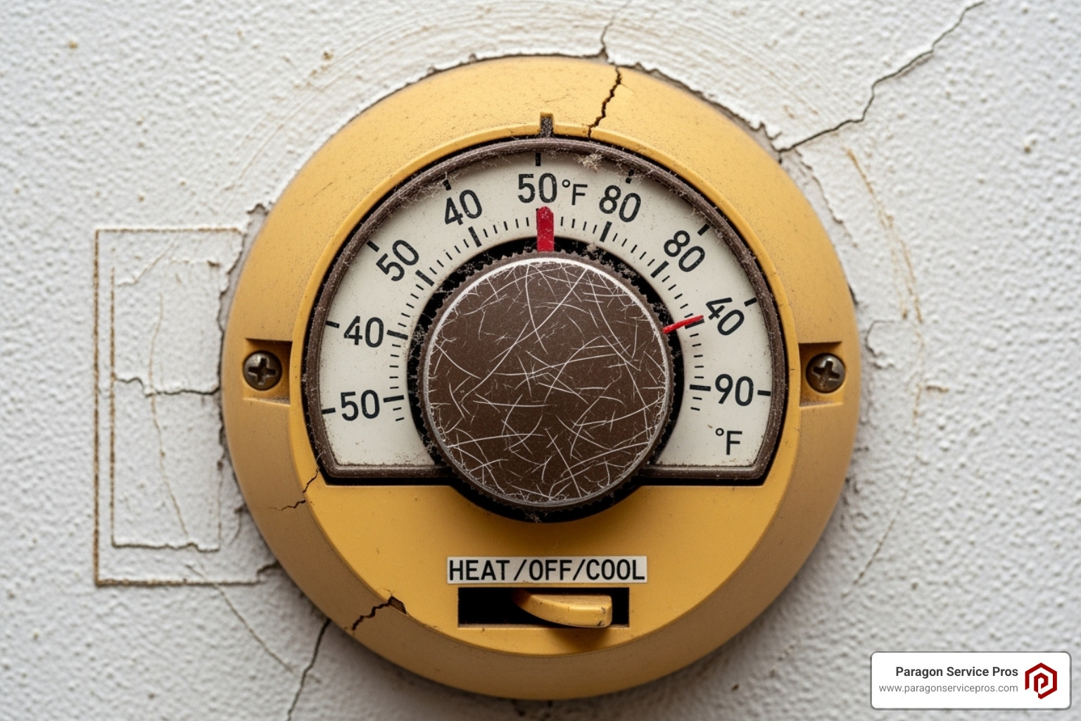 An old, discolored dial-style thermostat, indicating a need for an upgrade - smart thermostat installation bluffdale, ut An old, discolored dial-style thermostat, indicating a need for an upgrade - smart thermostat installation bluffdale, ut