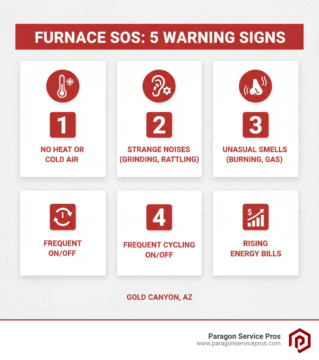 Infographic showing the top 5 warning signs your furnace needs immediate repair: 1) No heat or insufficient warmth with thermostat set correctly, 2) Strange noises like grinding, rattling, or banging sounds, 3) Unusual smells including burning or gas odors, 4) Frequent cycling on and off more than normal, 5) Rising energy bills without increased usage or temperature changes - furnace repair gold canyon, az infographic 