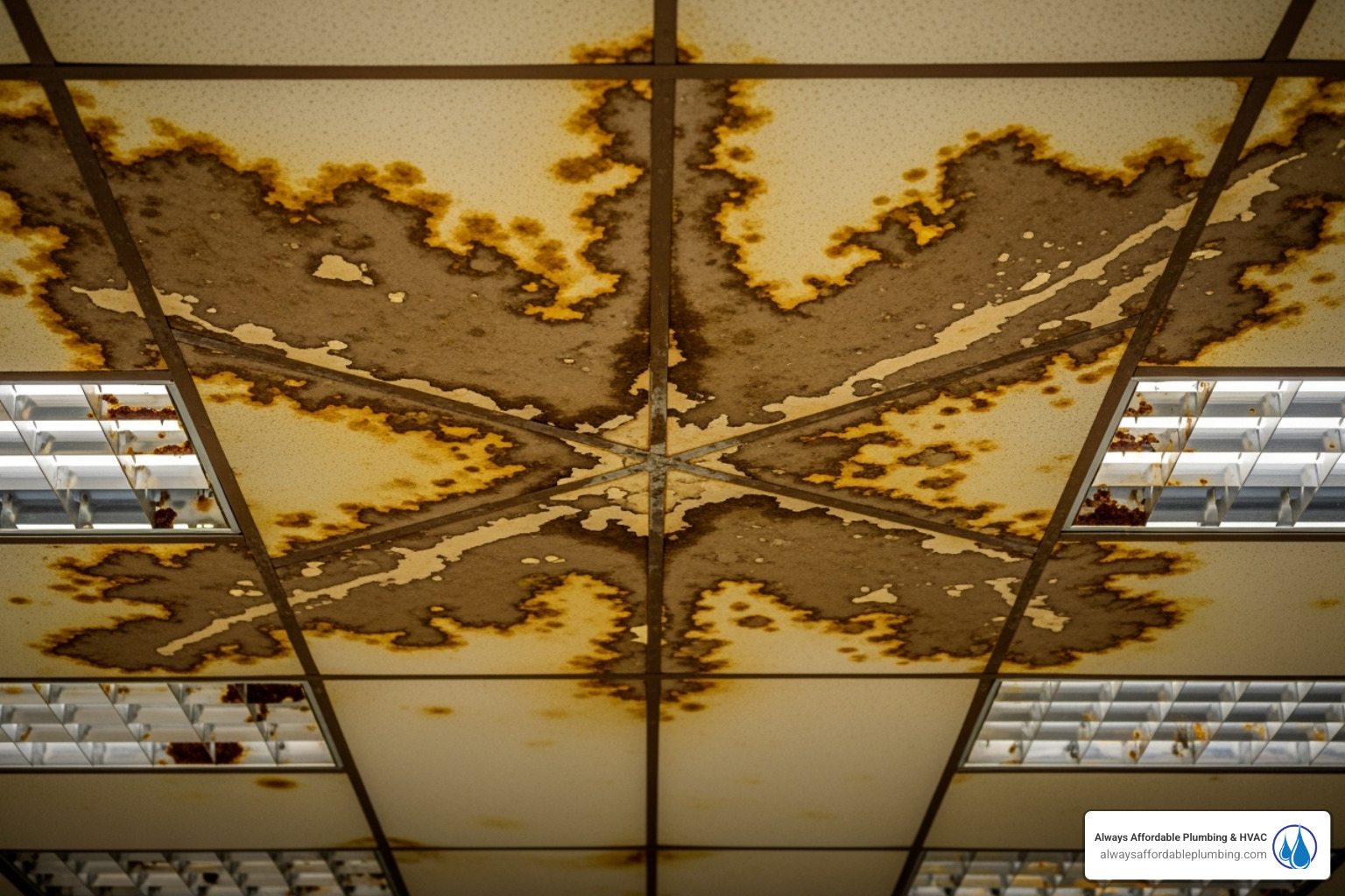 water-stained ceiling in a commercial office space - commercial leak detection elk grove ca